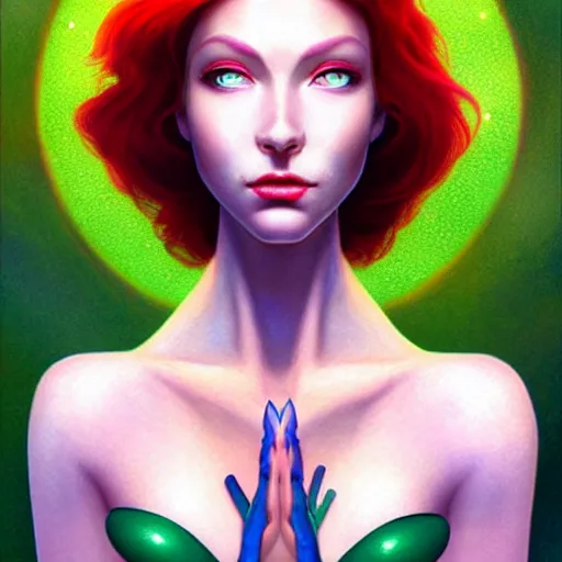 Image similar to Redhead Pleiadian alien human beautiful hybrid feminine woman, with stunning green eyes, cute symmetrical round face and a roundish nose, as a retro futuristic heroine, gorgeous digital painting, artstation, concept art, smooth, sharp focus, illustration, art by artgerm and donato giancola and Joseph Christian Leyendecker, Ross Tran, WLOP