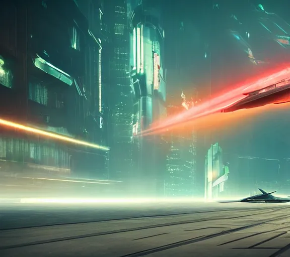 Image similar to futuristic sci fi jet lands at runway of cyberpunk city, night photo ,dark cinematic lighting , digital concept art, bladerunner 2049