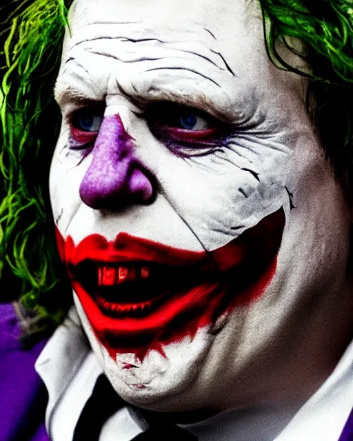 Image similar to film still close - up shot of boris johnson as the joker from the movie the dark knight. photographic, photography