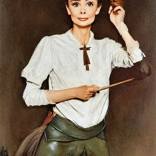 Prompt: a beautiful woman, beauty, looks like Audrey Hepburn, bard, brown hair, messy hairstyle, bangs, cream colored peasant shirt, brown pants, leather boots, dark green cloak, round hood, elf ears, youthful, white background, dungeons and dragons, proportionate, by j.c. leyendecker