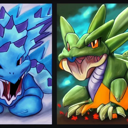 Image similar to pokemon fan art, charizard, venasaur, blastoise, ultra detailed