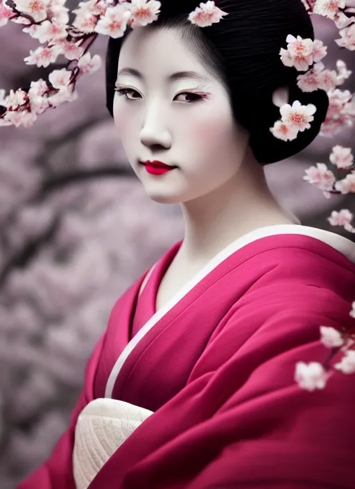 Image similar to Beautiful Japanese geisha close up portrait shot, 1920s geisha, Japanese, young woman, half body photo, upper body, traditional geisha clothing, geisha makeup, geisha hairstyle, hyper realistic, 8k detail, trending, professional photography, cherry blossom background