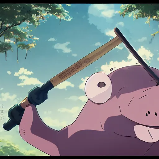 Image similar to a dumb looking hippo wearing a baseball bat, illustration concept art anime key visual trending pixiv fanbox by wlop and greg rutkowski and makoto shinkai and studio ghibli and kyoto animation symmetrical facial features