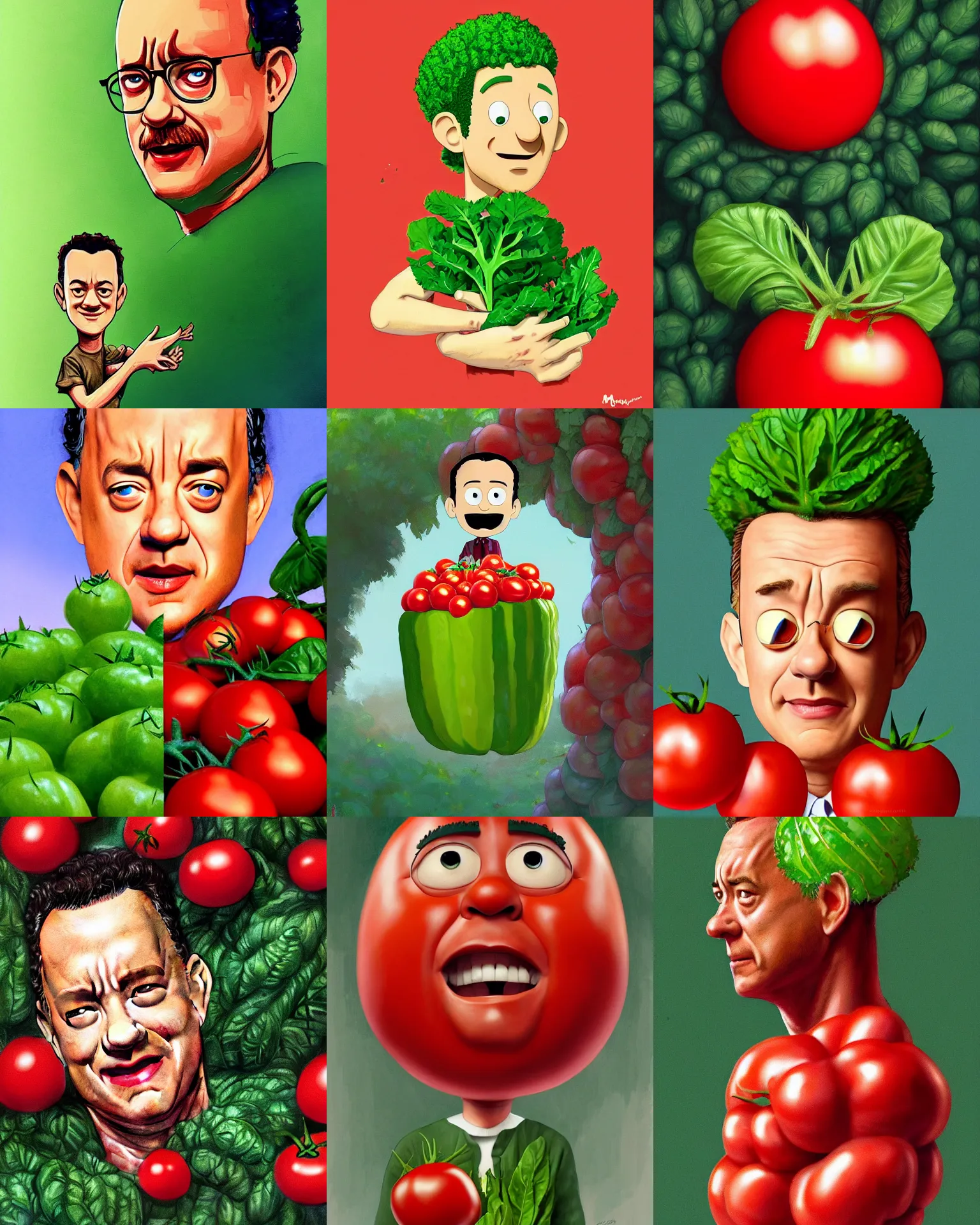 Prompt: tom hanks as forest gump as a tomato, his skin is red with leafy green hair, animation, pickle rick, dramatic lighting, forest gump tomato body, shaded lighting poster by magali villeneuve, artgerm, jeremy lipkin and michael garmash, rob rey and kentaro miura style, trending on art station