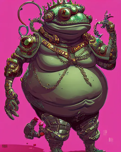 Image similar to a fat slimy anthropomorphic toad king wearing ornate cyberpunk armor, smooth, intricate, elegant, digital painting, artstation, steam, grungy steel, concept art, sharp focus, octane render, illustration, art by josan gonzalez,