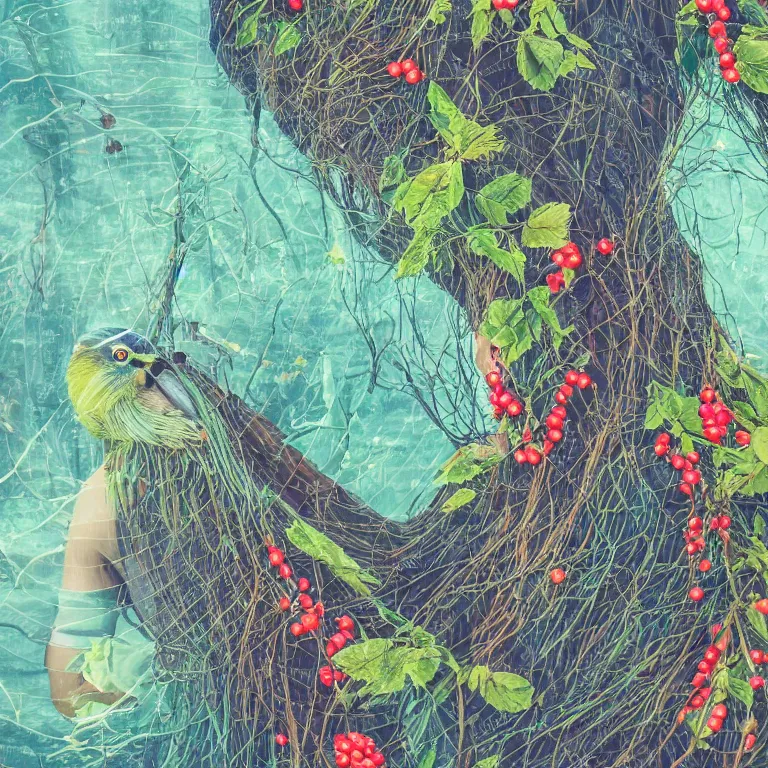 Image similar to human with the sea and the forest inside, veins diverge through the body like rivers filmed on a satellite, a person is decorated with wild berries, a beautiful bird is looking at him next, colorful picture