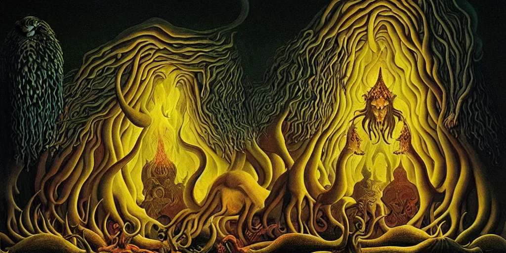 Image similar to mythical creatures and monsters in the imaginal realm of the collective unconscious, dramatic lighting glow from giant fire, in a dark surreal painting by johfra, mc escher and ronny khalil