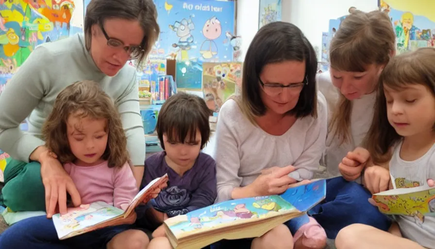 Prompt: kindergarten teacher reading a megg, mogg and owl book to 4 children