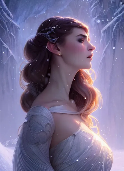 Image similar to a beautiful cinematic female winter goddess, cristal dress, ice wing, galatic shamen with quantum energy fantasy, fantasy magic, undercut hairstyle, dark light night, intricate, elegant, sharp focus, illustration, highly detailed, digital painting, concept art, matte, art by wlop and artgerm and greg rutkowski and alphonse mucha, masterpiece