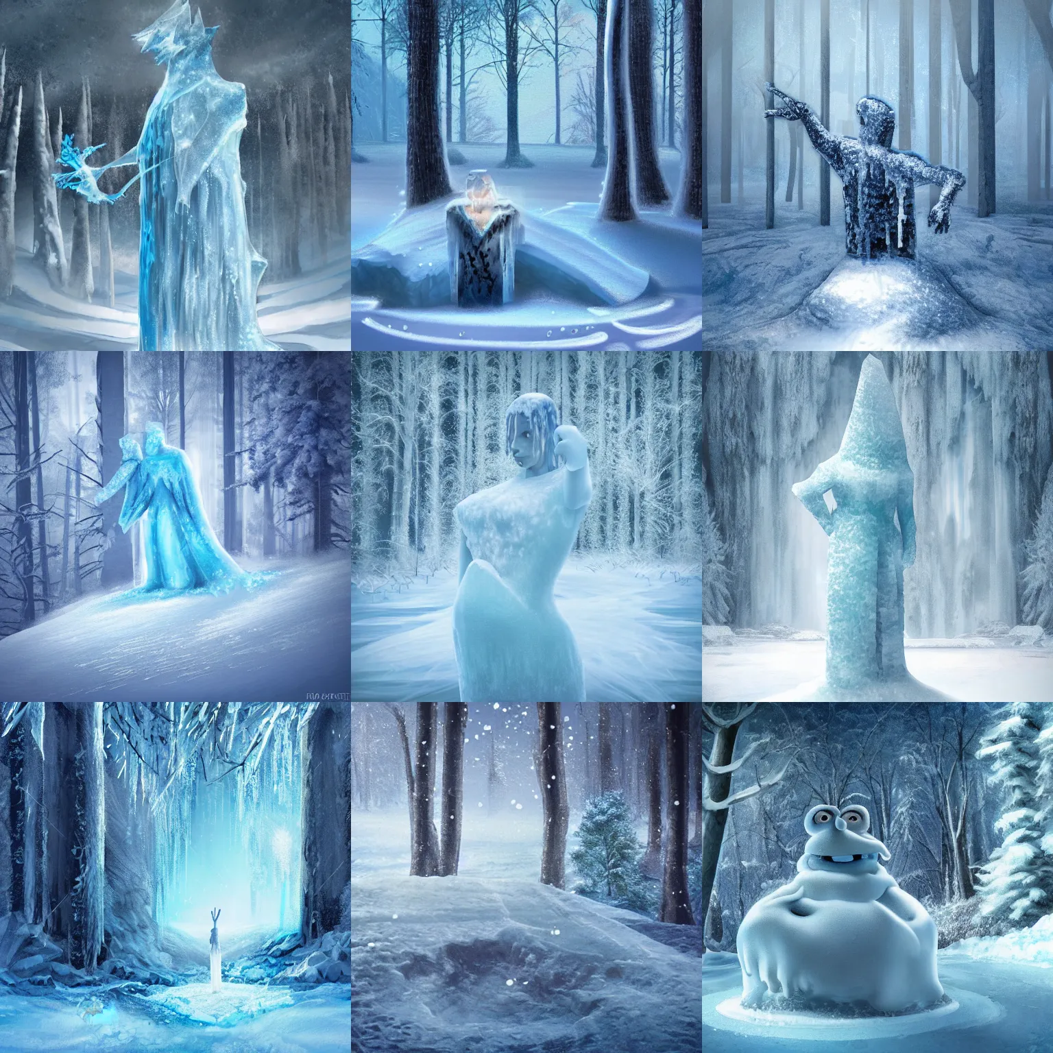 Prompt: figure frozen in block of ice in snowy forest, concept fantasy art