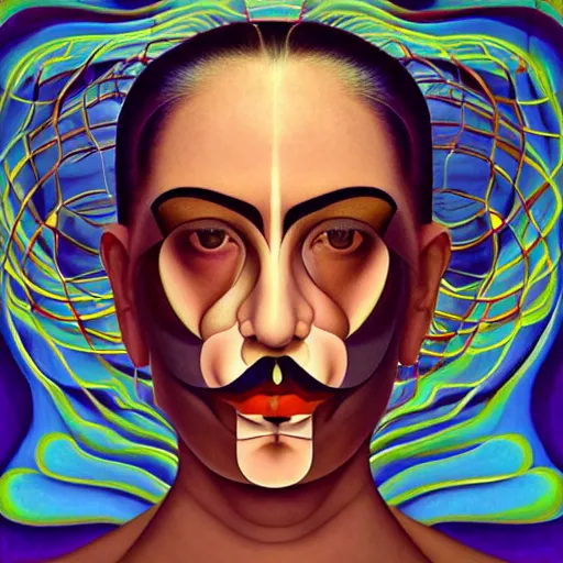 Prompt: a beautiful composition of deeply moving genius, flawless and incredible facial portraiture, depicting Father Time who has two faces and is regarding himself as if in the mirror; wondrous futuristic digital paint, by M. C. Escher and Frida Kahlo