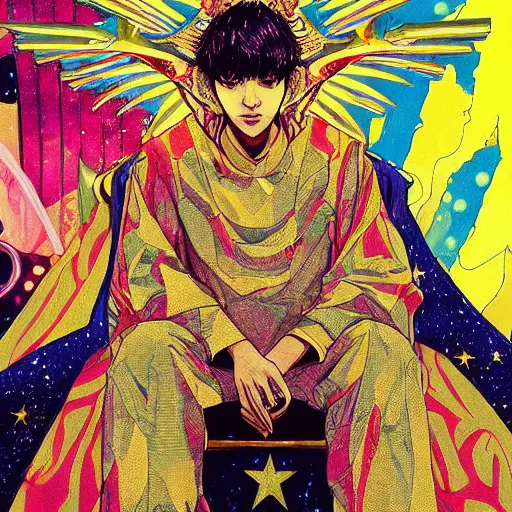 Prompt: closeup : kim taehyung as the emperor of the universe sits on his stellar and opulent throne. illustration by james jean and satoshi kon and erik jones, inspired by evangelion, smooth feature, intricate oil painting, high detail illustration, sharp high detail