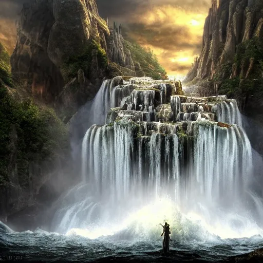 Image similar to waterfall of abomination soulstream, in the style of alejandro mirabal, dramatic, tragic, intricate, detailed, beautiful, 8 k resolution