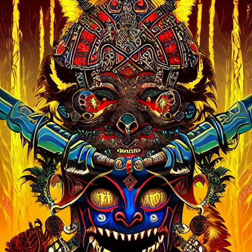 Image similar to barong family ancient sword with jewels, wiwek, mara demon, one single tribe member, jungle, one single mask, dark, tribal, inner glow, art by dan mumford and justin gerard