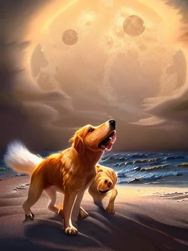 Prompt: two dogs howling at the moon, the ocean in the backgound. intricate, elegant, highly detailed, digital painting, artstation, concept art, sharp focus, illustration, by justin gerard and artgerm, 8 k