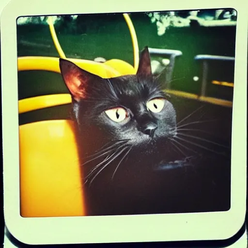 Image similar to black cat in a rollercoaster. the cat is enjoying the ride. sunlight. polaroid photo. saturated colors.