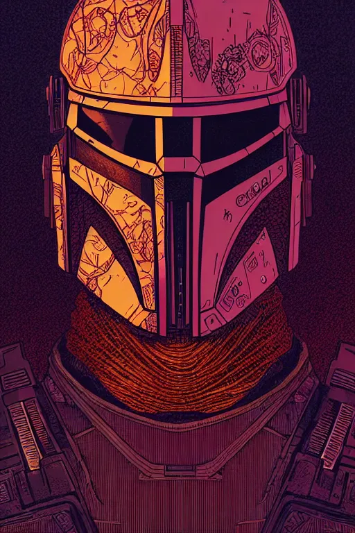 Image similar to closeup potrait of the mandalorian, intricate, volumetric lighting, moebius, geof darrow, frank miller, dan mumford, detailed illustration, digital art, victo ngai, kilian eng, vector art