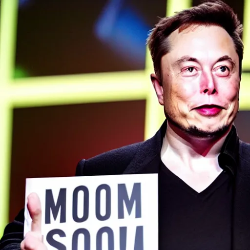 Image similar to a medium shot photograph of elon musk holding a sign with the word SOON' on it, 4k, ultra HD