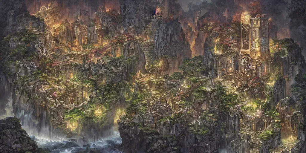 Prompt: a map of a dungeon, detailed fantasy painting by artgerm, noriyoshi ohrai, yuumei