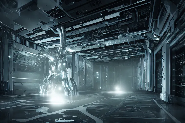 Image similar to robosaurus parallax datacenter server room interior single mono colossus white rusty robot sitting artstation cinematic detailed concept art ultra realistic volumetric light sharp coherent cgsociety symmetric perfect well balanced shadows lotr technogoddess sidwill diodes emitting blinking