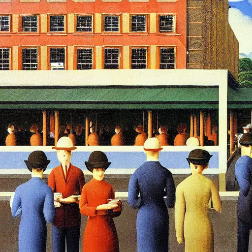 Prompt: A painting of a hawker centre by Rene Magritte