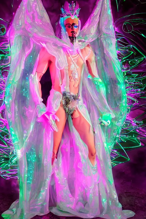 Image similar to full-body rococo and cyberpunk delicate crystalline sculpture of a muscular iridescent slender Spanish male as a humanoid deity wearing a thin see-through plastic hooded cloak sim roupa, reclining con las piernas abiertas, glowing pink face, crown of white lasers, large diamonds, swirling black silk fabric. futuristic elements. oozing glowing liquid, full-length view. space robots. human skulls. throne made of bones, intricate artwork by caravaggio. Trending on artstation, octane render, cinematic lighting from the right, hyper realism, octane render, 8k, depth of field, 3D