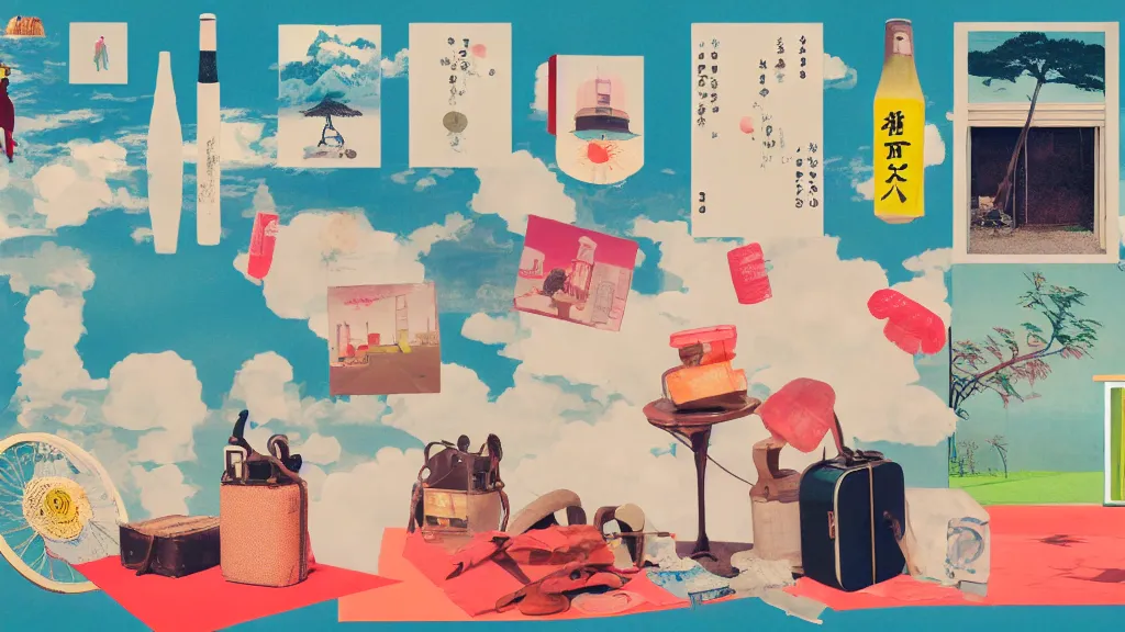 Image similar to an arrangement of picnic traveller props, japan, a collage painting, in the style of wes anderson, lola dupre, david hockney, isolated on negative white space background dark monochrome neon spraypaint accents volumetric octane render