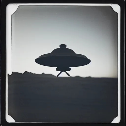 Prompt: a flying saucer over a the desert at night, distant!!, historical photo, old polaroid, expired film,