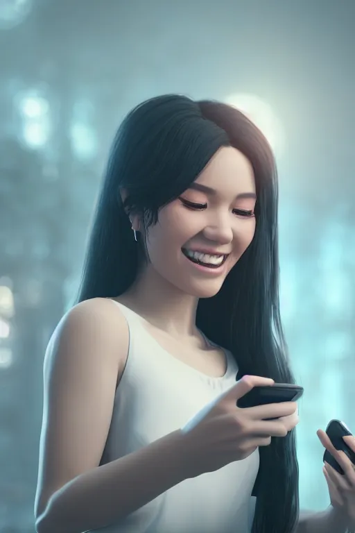 Prompt: a portrait of a beautiful young lady smiling at a text she just received on her smartphone, in style of Ross Tran, beautiful high detail, cinematic, 8k resolution, trending on artstation trending, octane render, unreal engine