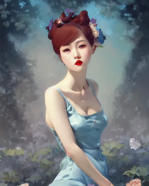 Image similar to a pin up and beautiful fashion charming dreamlike korean girl with low cut dress, character art, art by artgerm lau and kyoung hwan kim and and ilya kuvshinov and john singer sargent, hyperdetailed, 8 k realistic, symmetrical, frostbite 3 engine, cryengine, dof, trending on pixiv, digital art