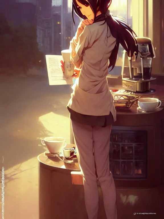 Image similar to full body picture of a bariste drip a coffee, calm and chill, beautiful and aesthetic, intricate, unreal engine, messy hair, highly detailed, detailed face, smooth, sharp focus, chiaroscuro, manga illustration, artgerm, greg rutkowski, ilya kuvshinov, rossdraws, alphonse mucha, young adult light novel cover art