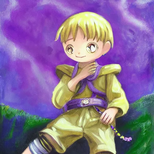 Prompt: little boy wearing an tunic, blonde hair. purple and yellow color palate, detailed soft painting, made in abyss art style, anatomically correct