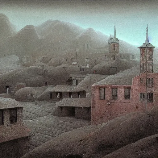 Image similar to landscape of old town made by zdzislaw beksinski