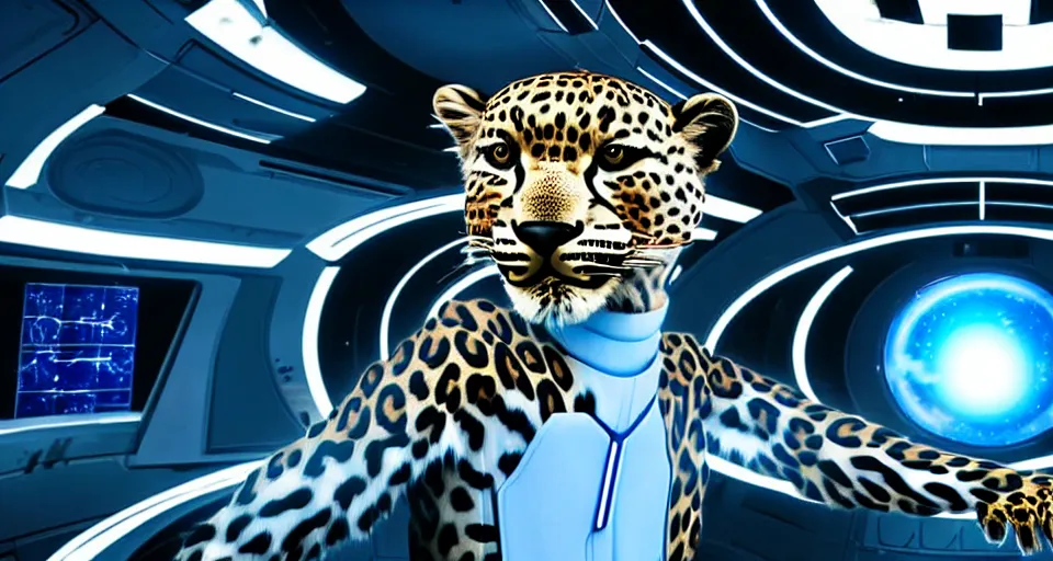 Prompt: A beautiful scene from a 2020 sci-fi film featuring a humanoid leopard wearing a white and blue uniform in a starship bridge. An anthropomorphic leopard in a futuristic uniform.