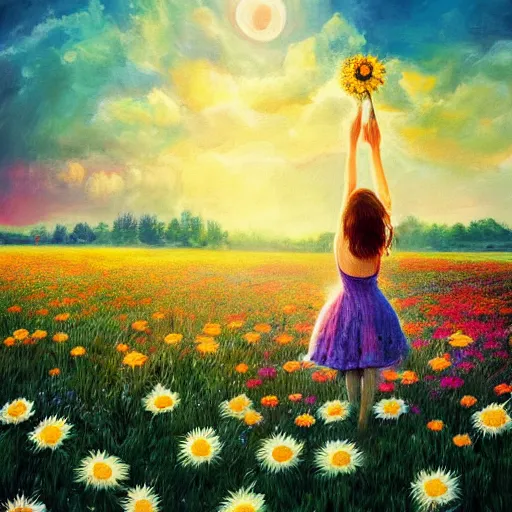 Image similar to face made of many daisies, girl standing barefoot in a flower field, holding flowers, surreal photography, sunrise dramatic light, impressionist painting, colorful clouds, large sky, digital painting, artstation, simon stalenhag, flower face