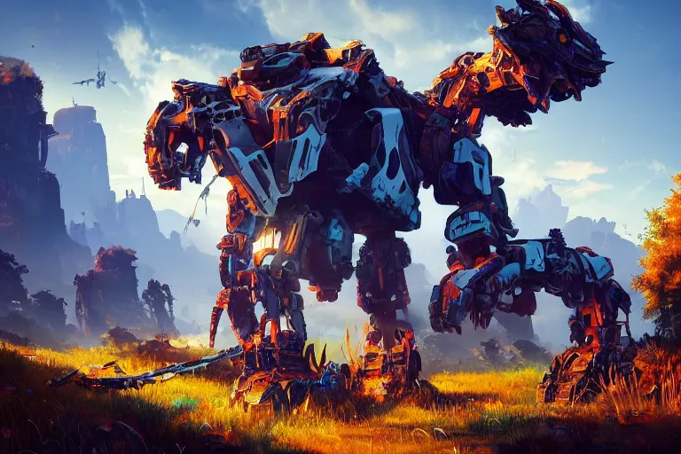 Image similar to scrapper machine mecanical creature robot of horizon forbidden west horizon zero dawn radiating a glowing aura global illumination ray tracing hdr fanart arstation by ian pesty and alena aenami artworks in 4 k