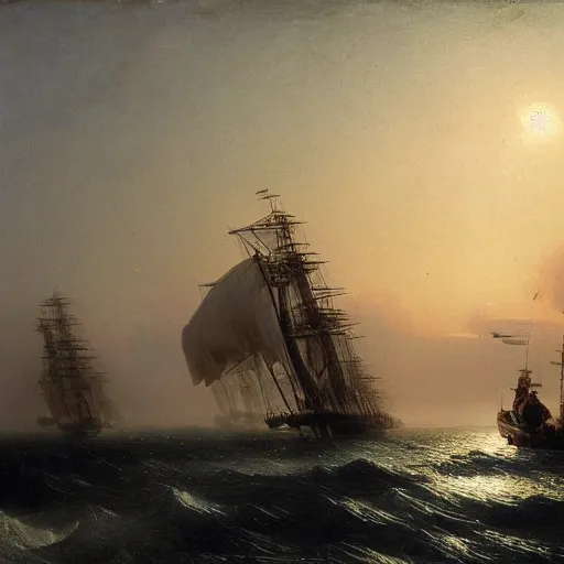 Prompt: a giant elephant walking at sea while a fleet of pirate ships pass by, Ivan Aivazovsky, 4k,