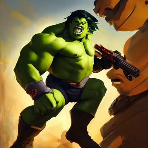 Image similar to greg manchess portrait painting of armed mega shonen hulk as overwatch character, medium shot, asymmetrical, profile picture, organic painting, sunny day, matte painting, bold shapes, hard edges, street art, trending on artstation, by huang guangjian and gil elvgren and sachin teng