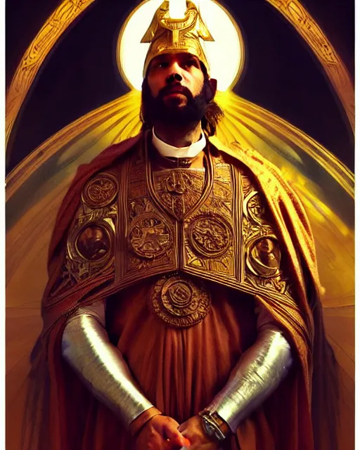 Image similar to realistic wide angle portrait of a bishop, heroic pose, beautiful face, full body, dramatic lighting, intricate, wild, highly detailed, digital painting, artstation, concept art, smooth, sharp focus, illustration, art by artgerm and greg rutkowski and alphonse mucha, footage from space camera