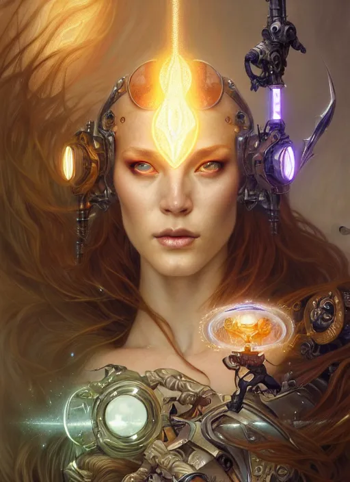 Image similar to cyborg recharging, diffuse lighting, fantasy, intricate, elegant, highly detailed, lifelike, photorealistic, digital painting, artstation, illustration, concept art, smooth, sharp focus, art by John Collier and Albert Aublet and James jean and Brian froud and ross tran and Artem Demura and Alphonse Mucha