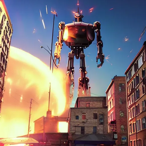 Prompt: the sun is exploding and a giant robot in Northend the italian neighborhood Boston, MA in anime style a epic masterpiece and highly detailed by Makoto Shinkai and Raphael Lacoste