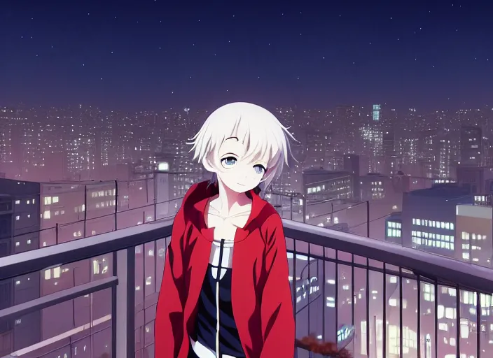 Prompt: anime visual young white - hair red - eyed girl sightseeing above the city at night from apartment balcony interior, guardrail, cute face ilya kuvshinov, makoto shinkai, kyoani, masakazu katsura, dynamic pose, crisp and sharp, yoshinari yoh, rounded eyes, anime poster