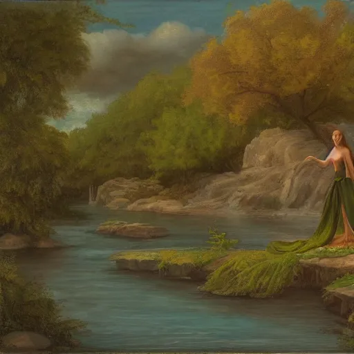 Prompt: A naiad sits at the riverbank, matte painting