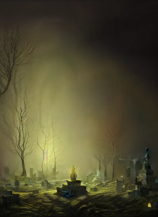 Image similar to hyperrealistic mixed media painting of glowing will-o-wisps in a dark cemetary, stunning 3d render inspired art by P. Craig Russell and Barry Windsor-Smith + dim volumetric lighting, foggy, abstract, 8k octane beautifully detailed render, post-processing, extremely hyperdetailed, intricate, epic composition, grim yet sparkling atmosphere, cinematic lighting + masterpiece, trending on artstation, very very detailed