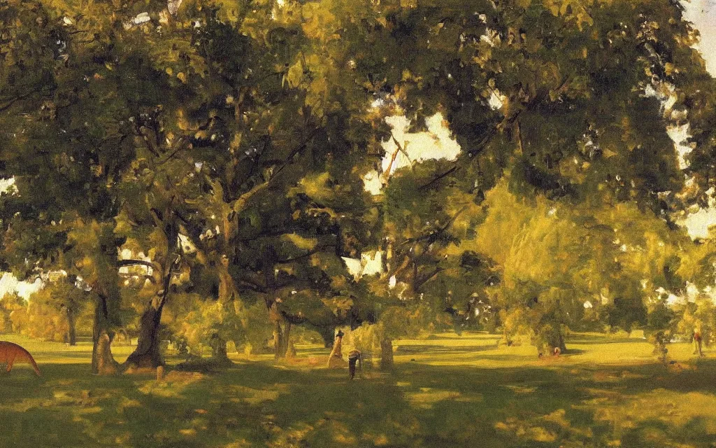 Image similar to a painting of a dinosaur in a park, oil on canvas, by peder kroyer