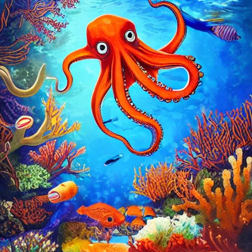 Image similar to confluence of aquatic wild life. octopus, fish, coral, fantasy, painting, detailed, paid artwork, portfolio, intricate lighting