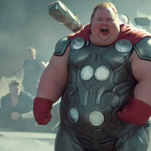 Prompt: obese rotund ironman lifting thor's hammer, still shot from the avengers movie