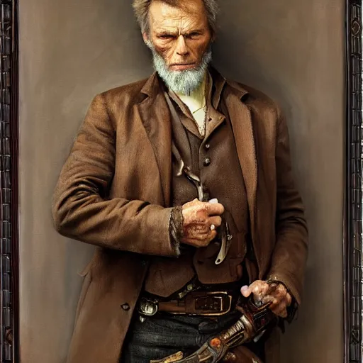 Prompt: Solomon Joseph Solomon and Richard Schmid and Jeremy Lipking victorian genre painting portrait painting of Clint Eastwood a rugged cowboy gunfighter old west character in fantasy costume, rust background