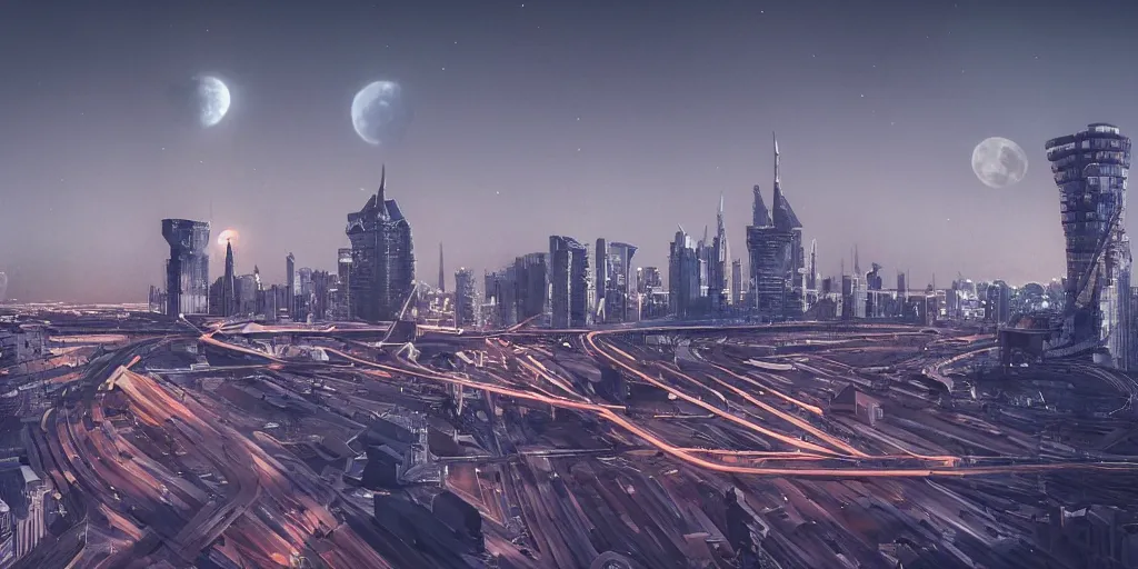 Image similar to cinematic shot of a cityscape futuristic saint petersburg city in the moon, russian orbit city, telephoto, golden mood, iconic scene from the paranoid thriller sci fi film directed by stanley kubrick, anamorphic cinematography, beautiful composition, color theory, leading lines, photorealistic, moody volumetric lighting