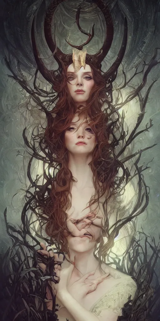 Prompt: a beautiful illustration of a witch with horns in head, young christina hendricks, intricate, sharp focus, illustration, highly detailed, digital painting, concept art, matte, art by wlop and artgerm and greg rutkowski and alphonse mucha, masterpiece